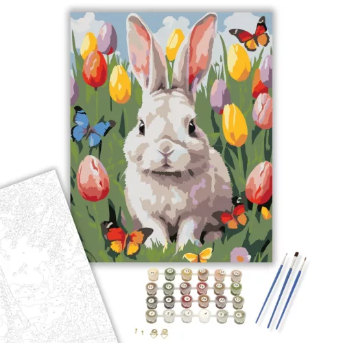 Nyuszi Tulipánok és Pillangók - számfestő készlet - Számfestő.hu - 80×100cm - keret nélkül