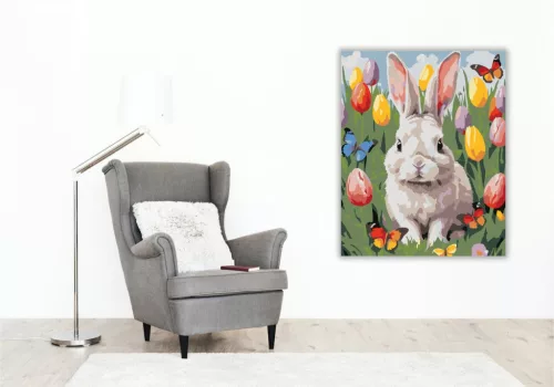 Nyuszi Tulipánok és Pillangók - számfestő készlet - Számfestő.hu - 60×70cm - keret nélkül