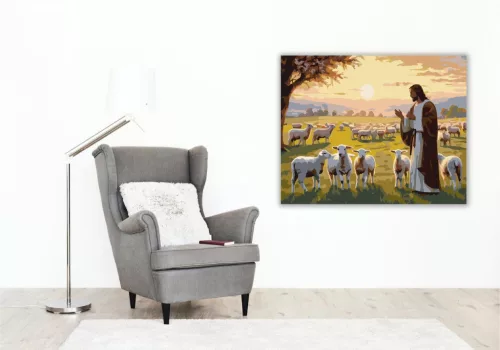 Jézus és Bárányok Napkeltekor - számfestő készlet - Számfestő.hu - 80×100cm - keret nélkül