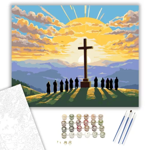 Húsvéti Napkelte Kereszttel - számfestő készlet - Számfestő.hu - 40×50cm - keret nélkül
