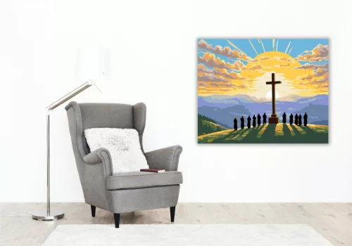 Húsvéti Napkelte Kereszttel - számfestő készlet - Számfestő.hu - 40×50cm - keret nélkül