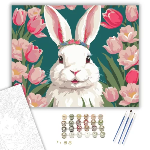 Virágkoszorús Nyuszi Tulipánok Között - számfestő készlet - Számfestő.hu - 50×60cm - keretre feszítve