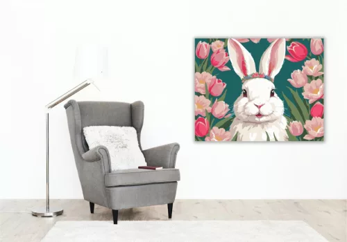 Virágkoszorús Nyuszi Tulipánok Között - számfestő készlet - Számfestő.hu - 40×50cm - keret nélkül