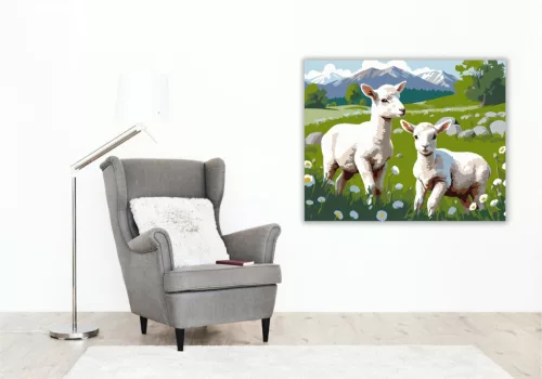 Báránykák Napfényes Réten - számfestő készlet - Számfestő.hu - 40×50cm - keretre feszítve