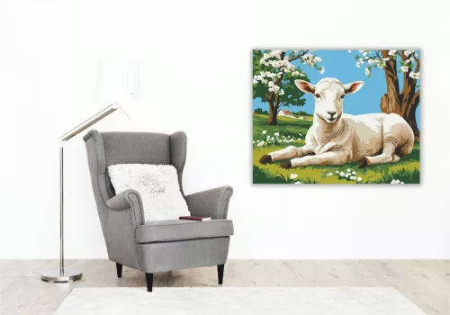 Bárány Virágzó Fa Alatt - számfestő készlet - Számfestő.hu - 40×50cm - keret nélkül