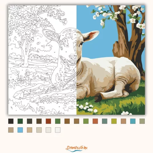 Bárány Virágzó Fa Alatt - számfestő készlet - Számfestő.hu - 40×50cm - Keret nélkül