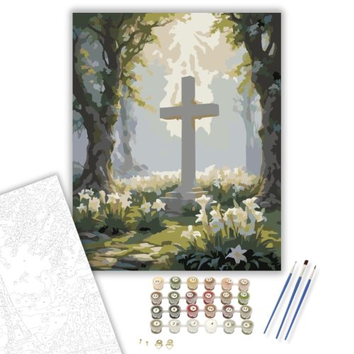 Húsvéti Kereszt és Liliomok - számfestő készlet - Számfestő.hu - 60×70cm - keret nélkül