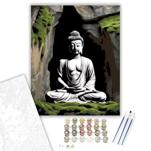 Meditáló Buddha Sziklafalba Vésve - számfestő készlet - Számfestő.hu - 80×100cm - keret nélkül