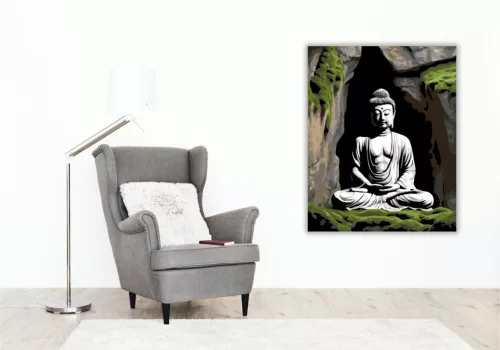 Meditáló Buddha Sziklafalba Vésve - számfestő készlet - Számfestő.hu - 40×50cm - keret nélkül