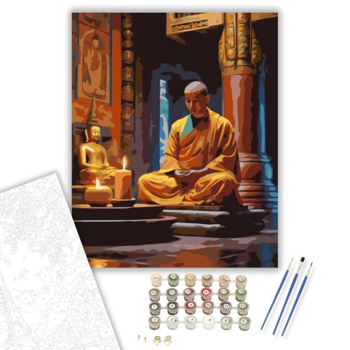 Meditáló Szerzetes Buddha Szoborral - számfestő készlet - Számfestő.hu - 80×100cm - keret nélkül