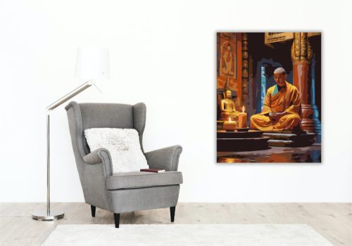 Meditáló Szerzetes Buddha Szoborral - számfestő készlet - Számfestő.hu - 50×60cm - keret nélkül