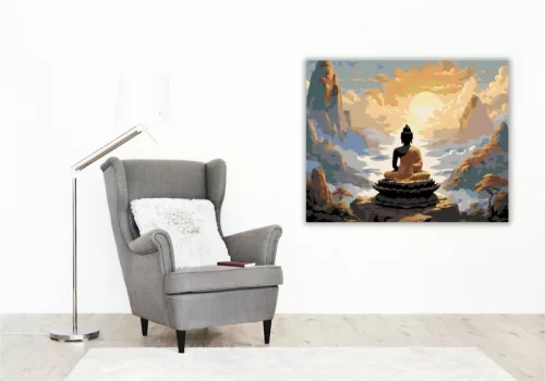 Meditáló Buddha Hegytetőn - számfestő készlet - Számfestő.hu - 40×50cm - keret nélkül