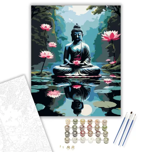 Meditáló Buddha Tükröződő Lótuszon - számfestő készlet - Számfestő.hu - 40×50cm - keretre feszítve