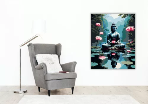 Meditáló Buddha Tükröződő Lótuszon - számfestő készlet - Számfestő.hu - 60×70cm - keret nélkül
