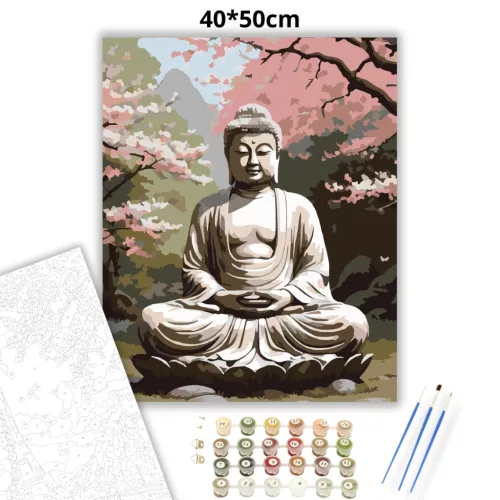 Buddha Cseresznyevirágok Kertjében - számfestő készlet - Számfestő.hu - 40×50cm - Keret nélkül