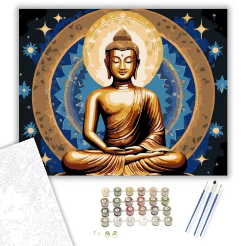 Arany Buddha Kozmikus Háttérrel - számfestő készlet - Számfestő.hu - 80×100cm - keretre feszítve