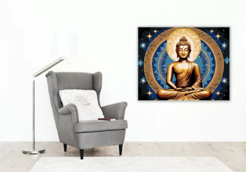 Arany Buddha Kozmikus Háttérrel - számfestő készlet - Számfestő.hu - 40×50cm - keretre feszítve