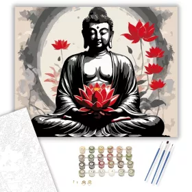 Meditáló Buddha Vörös Lótuszokkal - számfestő készlet - Számfestő.hu - 40×50cm - keret nélkül