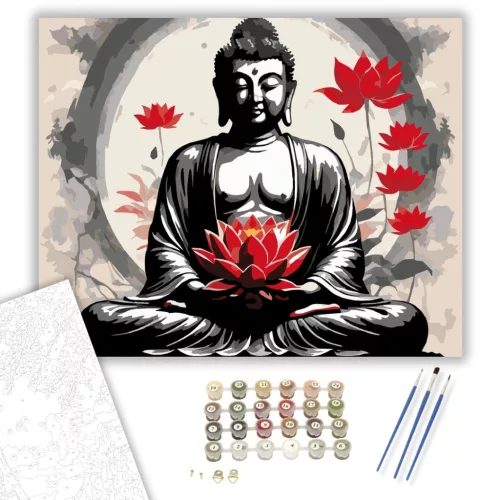 Meditáló Buddha Vörös Lótuszokkal - számfestő készlet - Számfestő.hu - 40×50cm - keret nélkül
