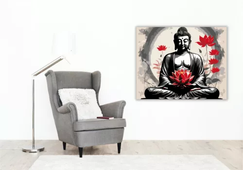 Meditáló Buddha Vörös Lótuszokkal - számfestő készlet - Számfestő.hu - 40×50cm - keret nélkül