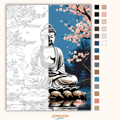 Buddha Cseresznyevirágok Kertjében - számfestő készlet - Számfestő.hu - 60×70cm - Keret nélkül