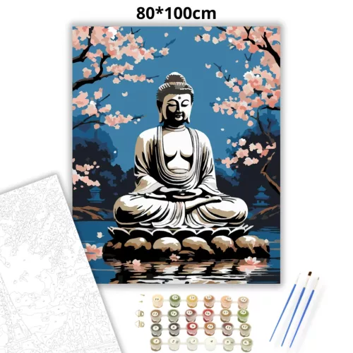 Buddha Cseresznyevirágok Kertjében - számfestő készlet - Számfestő.hu - 80×100cm - Keret nélkül