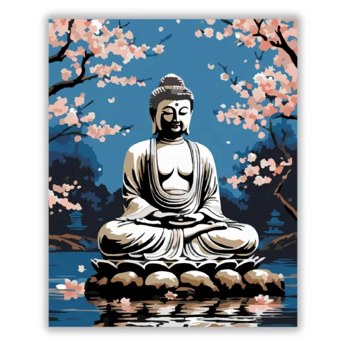 Buddha Cseresznyevirágok Kertjében - számfestő készlet - Számfestő.hu - 40×50cm - Keretre feszítve