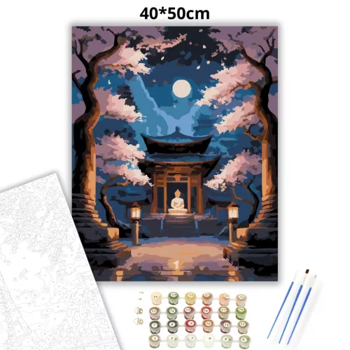 Buddha a Cseresznyevirágos Templomban - számfestő készlet - Számfestő.hu - 40×50cm - Keret nélkül