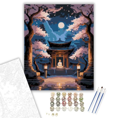 Buddha a Cseresznyevirágos Templomban - számfestő készlet - Számfestő.hu - 40×50cm - keretre feszítve