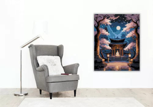 Buddha a Cseresznyevirágos Templomban - számfestő készlet - Számfestő.hu - 40×50cm - Keret nélkül