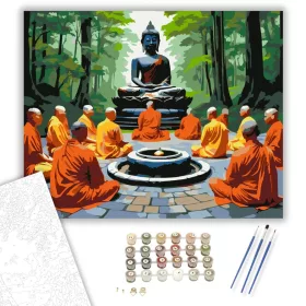 Meditáló Szerzetesek Buddha Szoborral - számfestő készlet - Számfestő.hu - 40×50cm - keret nélkül