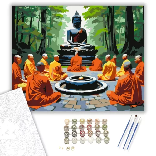 Meditáló Szerzetesek Buddha Szoborral - számfestő készlet - Számfestő.hu - 80×100cm - keret nélkül
