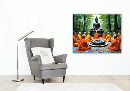 Meditáló Szerzetesek Buddha Szoborral - számfestő készlet - Számfestő.hu - 40×50cm - keretre feszítve