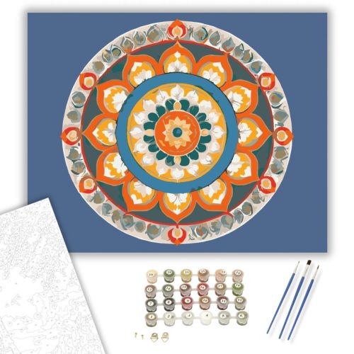 Buddhista Szimbólumokkal Díszített Mandala - számfestő készlet - Számfestő.hu - 50×60cm - keretre feszítve