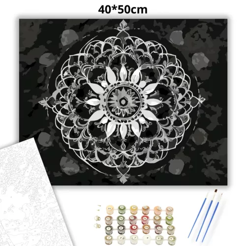 Fehér Mandala Kőhatással - számfestő készlet - Számfestő.hu - 40×50cm - Keret nélkül