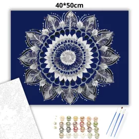 Ezüst Virág Mandala - számfestő készlet - Számfestő.hu - 40×50cm - Keret nélkül