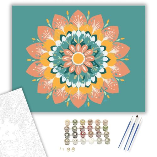 Virágos Mandala Korall és Teal Színekkel - számfestő készlet - Számfestő.hu - 40×50cm - keretre feszítve
