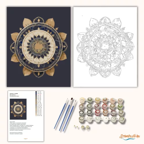 Arany Mandala Kék Alapon - számfestő készlet - Számfestő.hu - 50×60cm - Keret nélkül