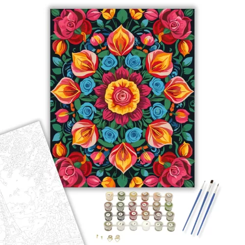 Virágos Mandala Rózsákkal és Tulipánokkal - számfestő készlet - Számfestő.hu - 40×50cm - keret nélkül