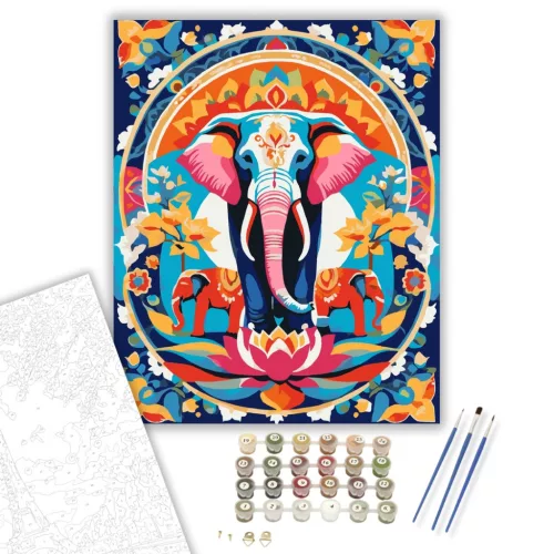 Indiai Elefánt és Lótusz Mandala - számfestő készlet - Számfestő.hu - 40×50cm - keret nélkül