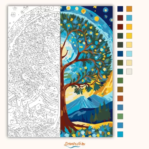 Életfa Mandala Csillagokkal - számfestő készlet - Számfestő.hu - 40×50cm - Keret nélkül