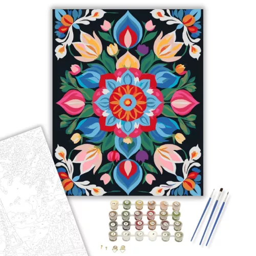 Virágkert Mandala Élénk Színekkel - számfestő készlet - Számfestő.hu - 40×50cm - keretre feszítve