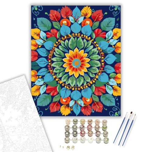 Természet ihlette Mandala Levelekkel és Virágokkal - számfestő készlet - Számfestő.hu - 60×70cm - keretre feszítve