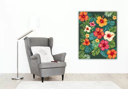 Trópusi Hibiszkusz és Lomb Mandala - számfestő készlet - Számfestő.hu - 40×50cm - keretre feszítve