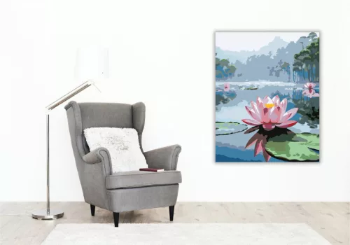 Rózsaszín Lótusz a Ködös Tavon - számfestő készlet - Számfestő.hu - 80×100cm - keretre feszítve
