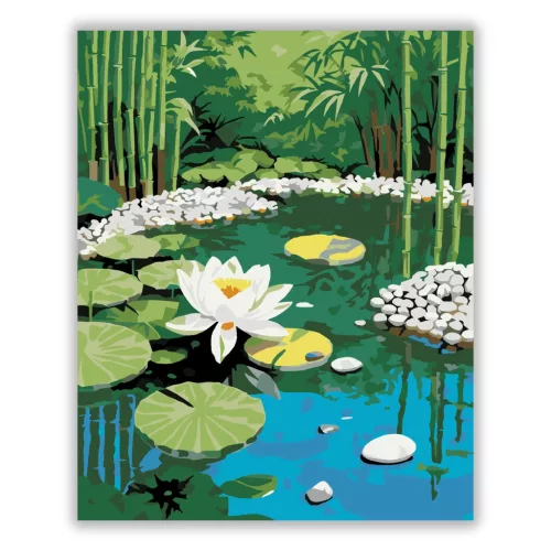 Fehér Lótusz és Bambusz Zen Kertben - számfestő készlet - Számfestő.hu - 40×50cm - Keret nélkül