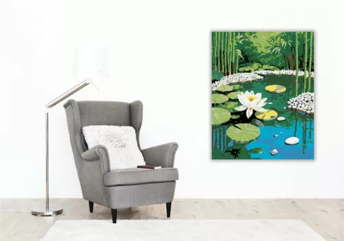 Fehér Lótusz és Bambusz Zen Kertben - számfestő készlet - Számfestő.hu - 40×50cm - Keret nélkül