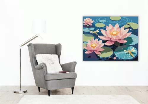Rózsaszín Lótusz és Szitakötők a Víz Felszínén - számfestő készlet - Számfestő.hu - 60×70cm - keret nélkül