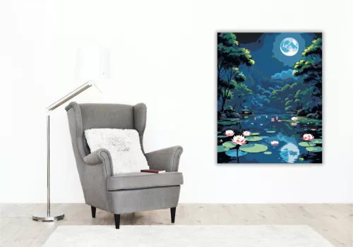 Lótusz Lámpások Holdfényes Éjszakán - számfestő készlet - Számfestő.hu - 40×50cm - keretre feszítve