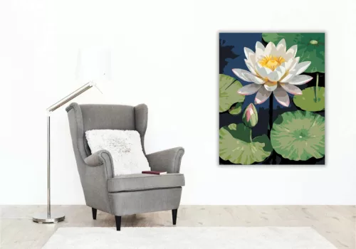 Fehér Lótusz Zöld Liliomlevelekkel - számfestő készlet - Számfestő.hu - 40×50cm - Keret nélkül